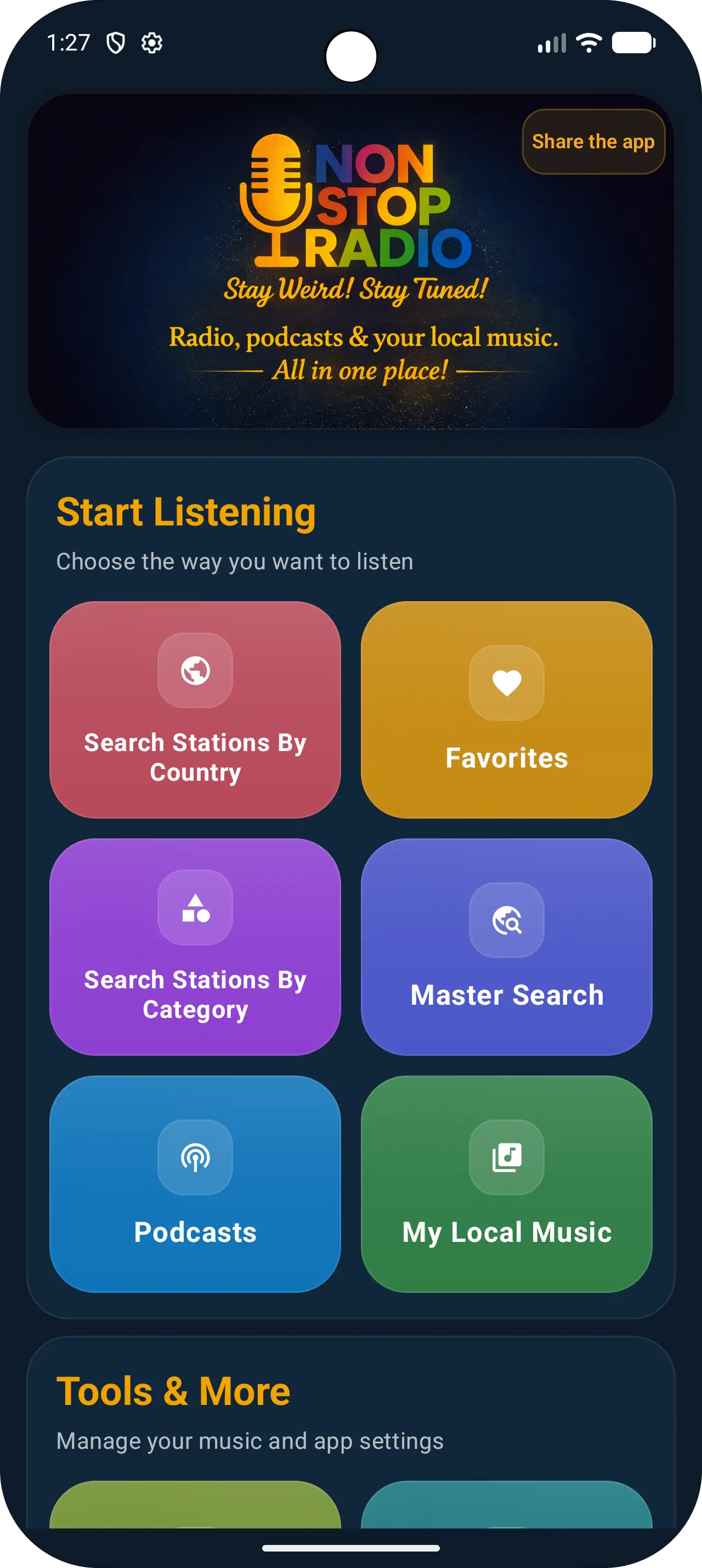 Non Stop Radio app home screen